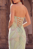 Mint Green Halter Beaded Mermaid Long Prom Dress with Slit
