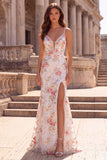 White Flower Mermaid Sequins Embroidery Spaghetti Straps Long Prom Dress with Slit