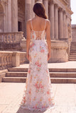 White Flower Mermaid Sequins Embroidery Spaghetti Straps Long Prom Dress with Slit