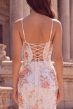 White Flower Mermaid Sequins Embroidery Spaghetti Straps Long Prom Dress with Slit