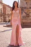 Pink Mermaid Floral Appliques Corset Sheer Satin Draped Long Prom Dress with Slit