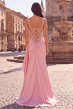 Pink Mermaid Floral Appliques Corset Sheer Satin Draped Long Prom Dress with Slit