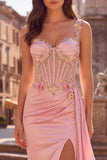 Pink Mermaid Floral Appliques Corset Sheer Satin Draped Long Prom Dress with Slit