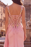 Pink Mermaid Floral Appliques Corset Sheer Satin Draped Long Prom Dress with Slit