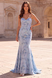 Light Blue Mermaid Beaded Strapless Long Prom Dress