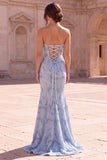 Light Blue Mermaid Beaded Strapless Long Prom Dress