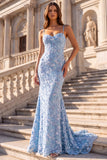 Light Blue Mermaid Corset Floral Appliques Spaghetti Straps Long Prom Dress