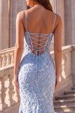 Light Blue Mermaid Corset Floral Appliques Spaghetti Straps Long Prom Dress