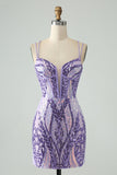 Sparkly Dark Purple Spaghetti Straps Corset Short Graduation Dress with Sequins