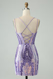 Sparkly Dark Purple Spaghetti Straps Corset Short Graduation Dress with Sequins