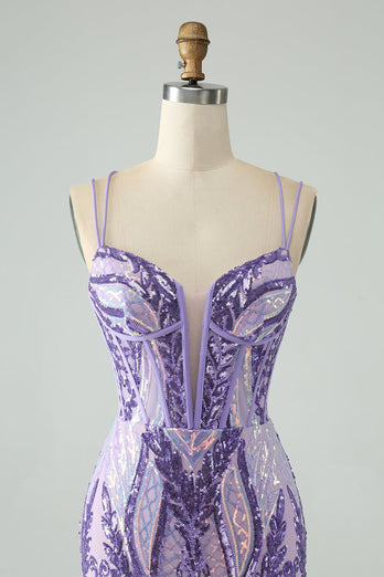 Sparkly Dark Purple Sequins Corset Graduation Dress with Lace-up Back