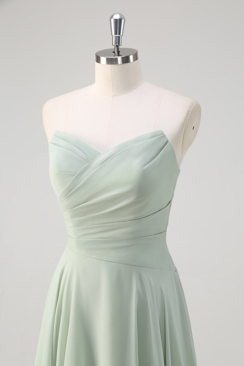Load image into Gallery viewer, Matcha A Line Strapless Ruched Chiffon Long Bridesmaid Dress