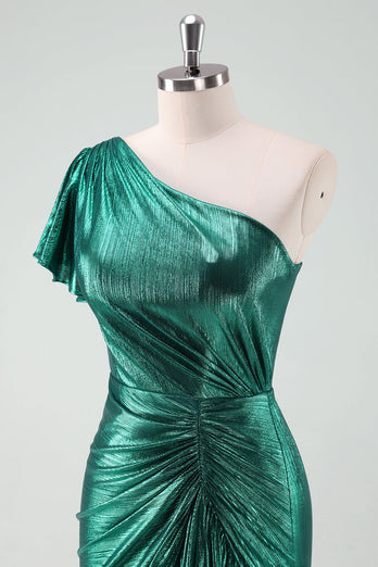 Dark Green Metallic One Shoulder Mermaid Graduation Dress with Ruffles