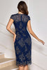 Load image into Gallery viewer, Navy Sheath Tea Length Appliqued Mother of the Bride Dress with Wrap