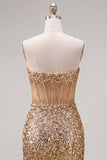 Sparkly Golden Sheer Corset Strapless Bodycon Cocktail Dress with Sequins