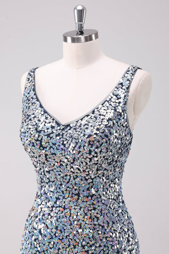 Sparkly Silver Bodycon V-Neck Short Graduation Dress with Sequins