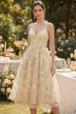 Light Yellow Corset A Line Spaghetti Straps Midi Floral Dress