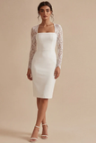 White Sheath Sqiare Neck Midi Engagement Dress with Lace Long Sleeves