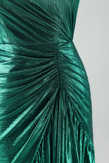 Dark Green Metallic One Shoulder Mermaid Graduation Dress with Ruffles