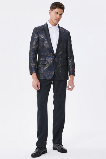 Dark Navy Jacquard Shawl Lapel Men's Prom Blazer