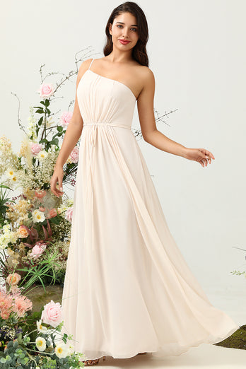 One Shoulder Sleeveless Champagne Long Bridesmaid Dress