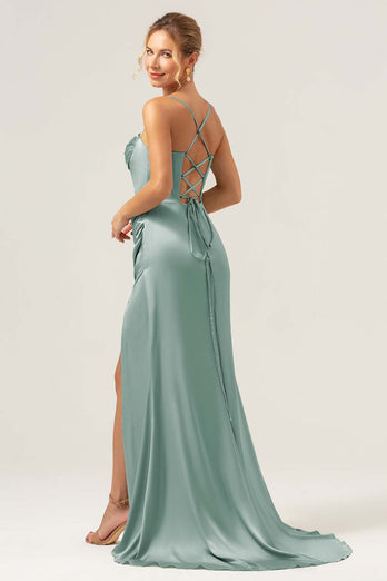 Sage Mermaid Spaghetti Straps Corset Satin Bridesmaid Dress with Slit