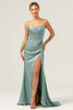 Load image into Gallery viewer, Sage Mermaid Spaghetti Straps Corset Satin Bridesmaid Dress with Slit