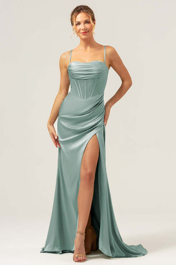 Sage Mermaid Spaghetti Straps Corset Satin Bridesmaid Dress with Slit