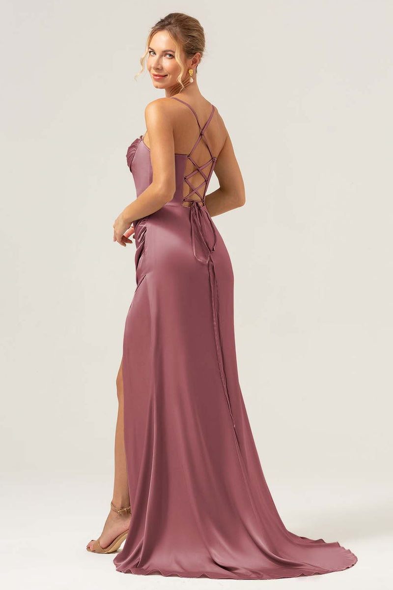 Load image into Gallery viewer, Sage Mermaid Spaghetti Straps Corset Satin Bridesmaid Dress with Slit