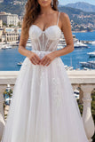 White A Line Spaghetti Straps Corset Tulle Wedding Dress