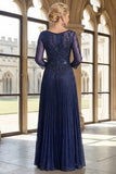 Sparkly Navy V-Neck Pleated A Line Mother of the Bride Dress
