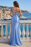 One Shoulder Light Blue Mermaid Appliqued Satin Prom Dress with Slit