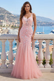 Pink Mermaid Appliqued Lace Up Back Long Prom Dress with Slit