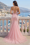 Pink Mermaid Appliqued Lace Up Back Long Prom Dress with Slit