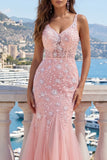 Pink Mermaid Appliqued Lace Up Back Long Prom Dress with Slit