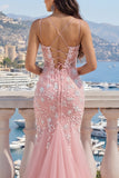 Pink Mermaid Appliqued Lace Up Back Long Prom Dress with Slit