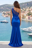 One Shoulder Royal Blue Mermaid Ruched Satin Prom Dress with Slit