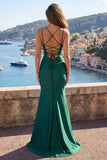Dark Green Mermaid Satin Spaghetti Straps Long Prom Dress with Lace Up Back
