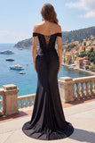 Off The Shoulder Black Mermaid Long Satin Prom Dress