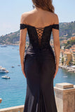 Off The Shoulder Black Mermaid Long Satin Prom Dress