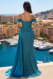 Sparkly Teal Cold Shoulder Mermaid Long Prom Dress with Slit