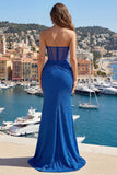 Strapless Royal Blue Sheer Corset Mermaid Long Prom Dress with Slit
