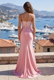 Blush Mermaid Satin Spaghetti Straps Long Prom Dress with Slit