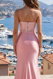 Blush Mermaid Satin Spaghetti Straps Long Prom Dress with Slit