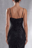 Sparkly Black Spaghetti Straps Sheath Midi Dress