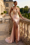 Champagne Mermaid Appliqued Corset Long Prom Dress with Slit