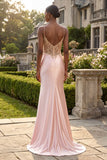 Champagne Mermaid Appliqued Corset Long Prom Dress with Slit