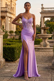 Champagne Mermaid Appliqued Corset Long Prom Dress with Slit