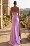Champagne Mermaid Appliqued Corset Long Prom Dress with Slit