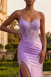 Champagne Mermaid Appliqued Corset Long Prom Dress with Slit